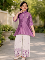 Girls Purple Tunic & Floral Wide-Leg Pants Set