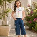 Girls White Floral Ruffle Top & Denim Cargo Culottes Set