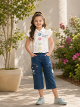 Girls White Floral Ruffle Top & Denim Cargo Culottes Set
