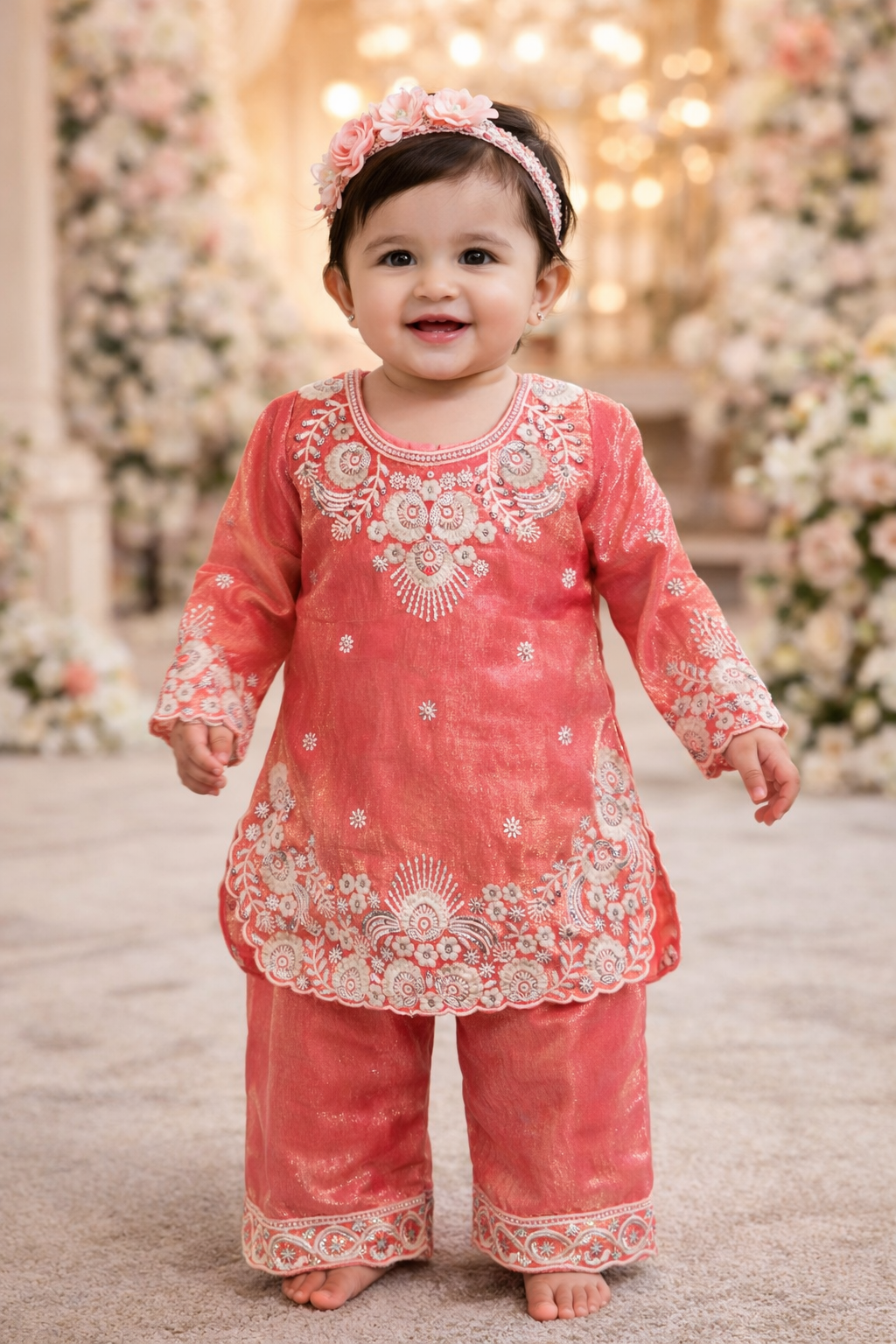 Peach Embroidered Kurta & Palazzo Set for Baby Girls
