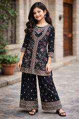 Elegant Black Embroidered Kurta & Palazzo Set for Girls