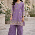 Girl's lavender embroidered kurta and palazzo set with dupatta, festive ethnic wear