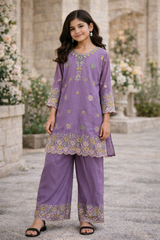 Girl's lavender embroidered kurta and palazzo set with dupatta, festive ethnic wear
