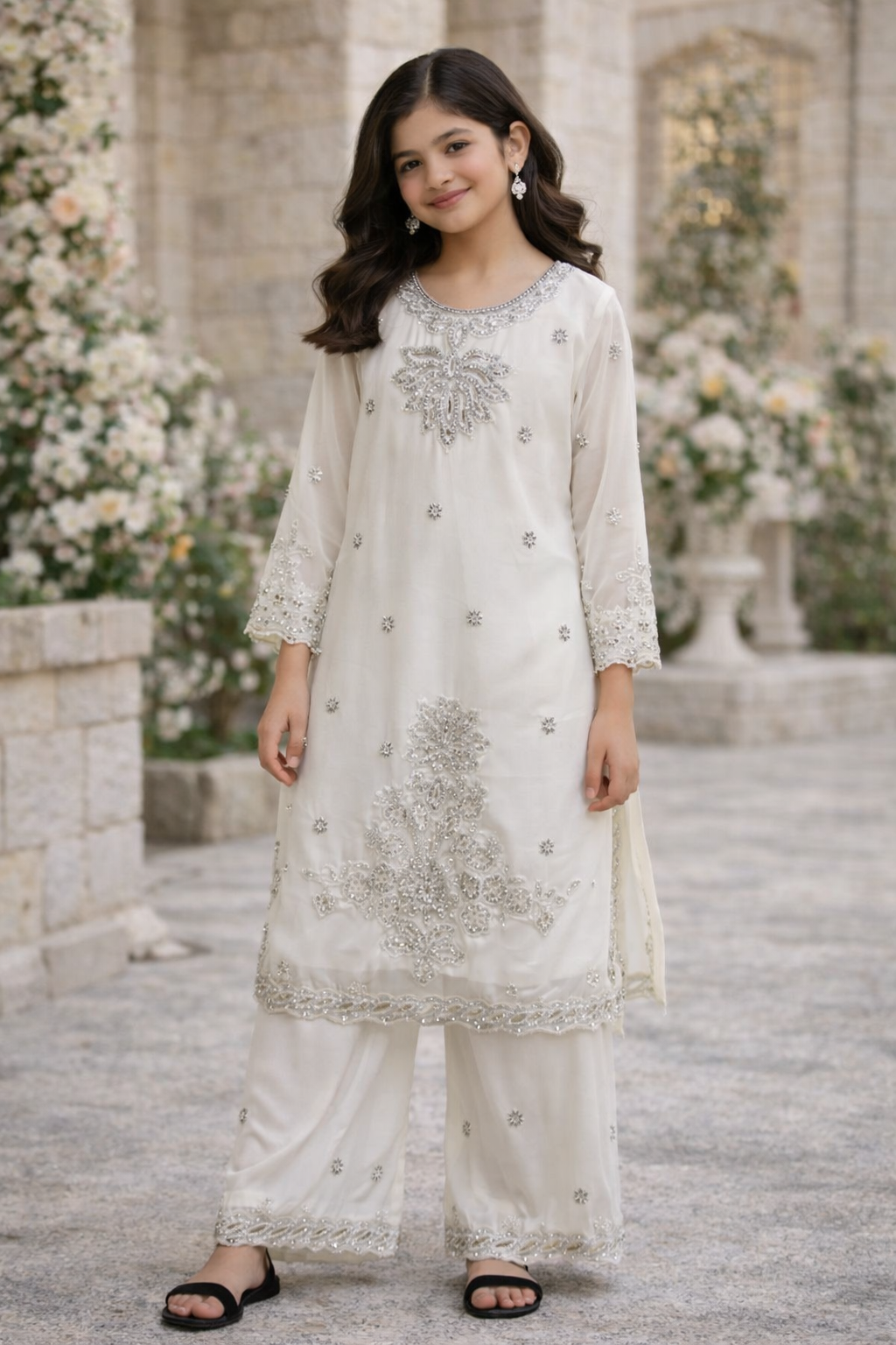Elegant White Embroidered Kurta & Palazzo Set for Girls