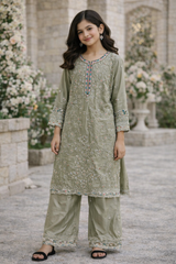 Elegant Green Embroidered Kurta & Palazzo Set for Girls