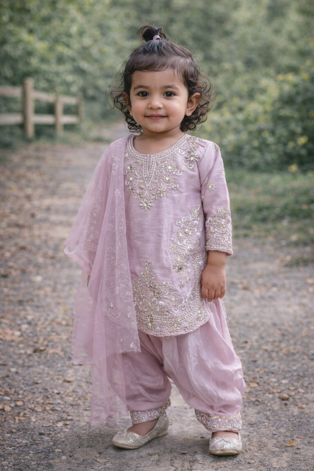 Pink Embroidered and Stone work Kurta & Palazzo Set for Baby Girls