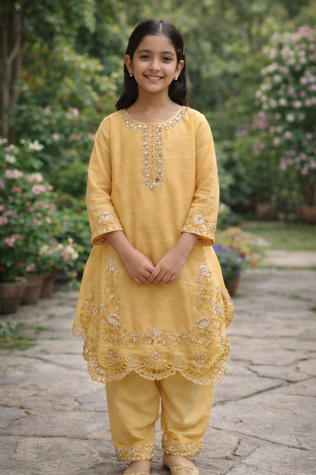 Elegant Yellow Embroidered Kurta & Palazzo Set for Girls