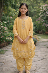 Elegant Yellow Embroidered Kurta & Palazzo Set for Girls