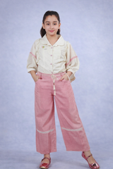 Inaabia Girls Cream & Pink Co-Ord Set – Ruffle Shirt with Palazzo Pants (Casual & Party Wear)