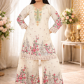Inaabia Girls Beige Floral Printed Kurta Palazzo Set – Elegant Ethnic Wear for Festive & Party
