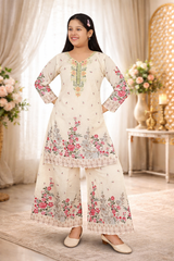 Inaabia Girls Beige Floral Printed Kurta Palazzo Set – Elegant Ethnic Wear for Festive & Party
