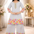 Inaabia Girls Grey Floral Kurta Palazzo Set – Multicolor Border Ethnic Wear for Festive & Casual