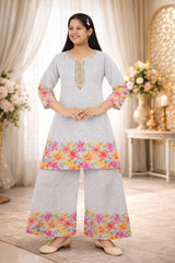 Inaabia Girls Grey Floral Kurta Palazzo Set – Multicolor Border Ethnic Wear for Festive & Casual