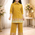 Inaabia Girls Mustard Floral Kurta Palazzo Set – Elegant Ethnic Co-Ord for Festive & Casual Wear