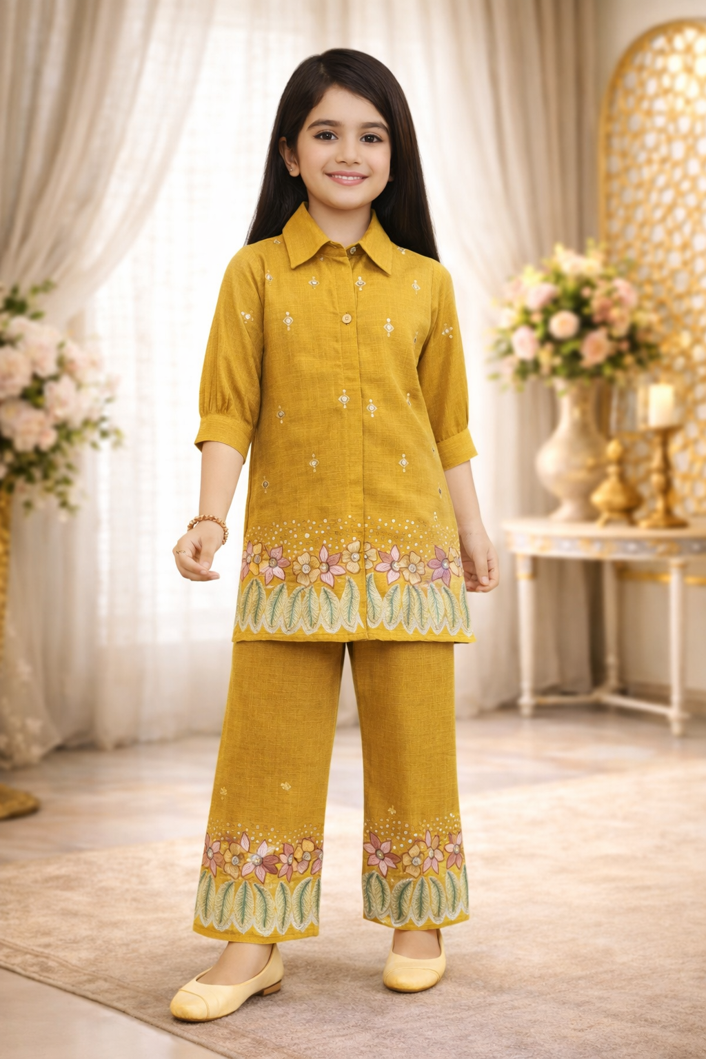 Inaabia Girls Mustard Floral Kurta Palazzo Set – Elegant Ethnic Co-Ord for Festive & Casual Wear