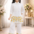 Inaabia Girls White & Mustard Floral Kurta Palazzo Set – Elegant Ethnic Co-Ord for Festive & Party Wear
