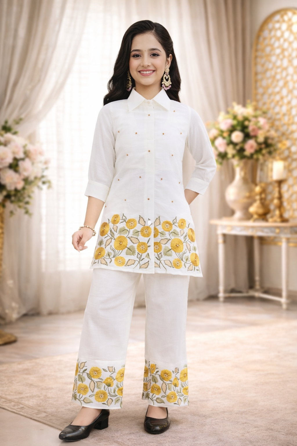 Inaabia Girls White & Mustard Floral Kurta Palazzo Set – Elegant Ethnic Co-Ord for Festive & Party Wear