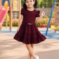 Girls Burgundy / Blue Ruffle Sleeve Party Dress with Belt
