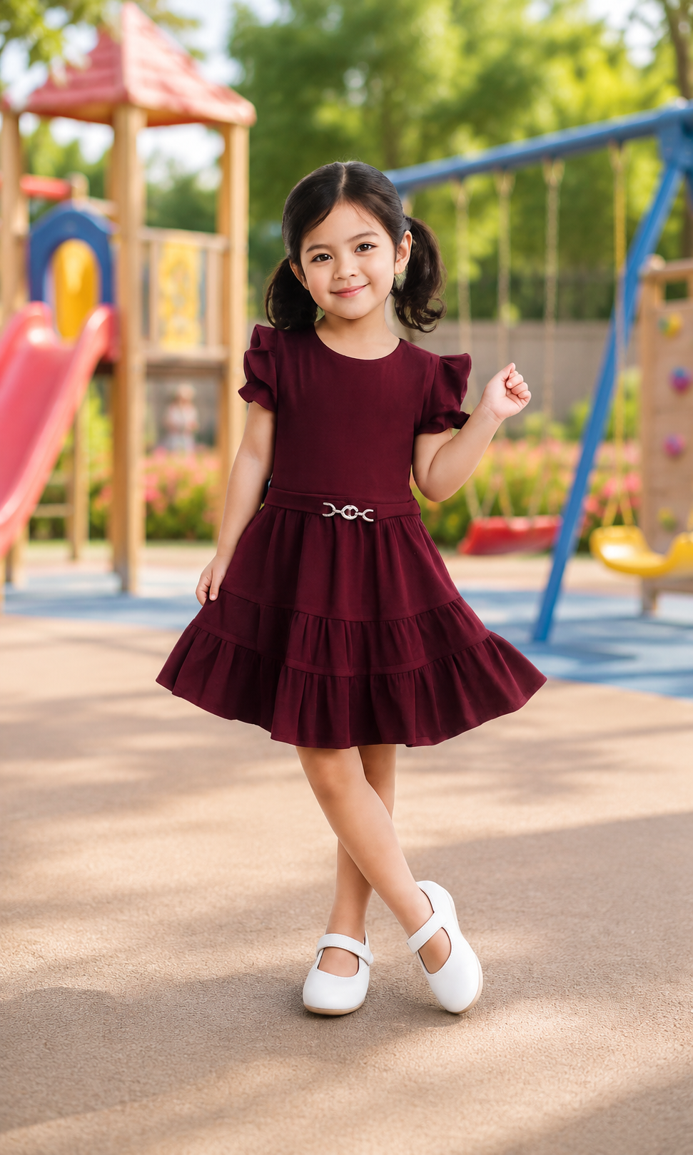 Girls Burgundy Ruffle Sleeve Party Dress