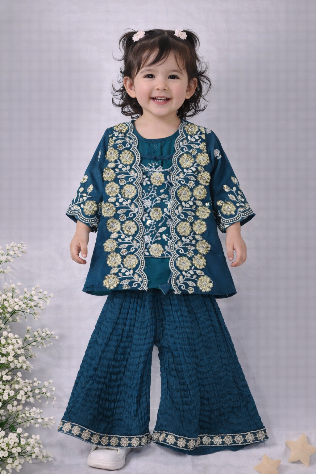 Girls Embroidered Ethnic 3-Piece Set – Teal Blue