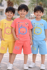 Boys 3-in-1 Launch Party Cotton T-Shirt & Shorts Set (Yellow, Coral & Sky Blue)