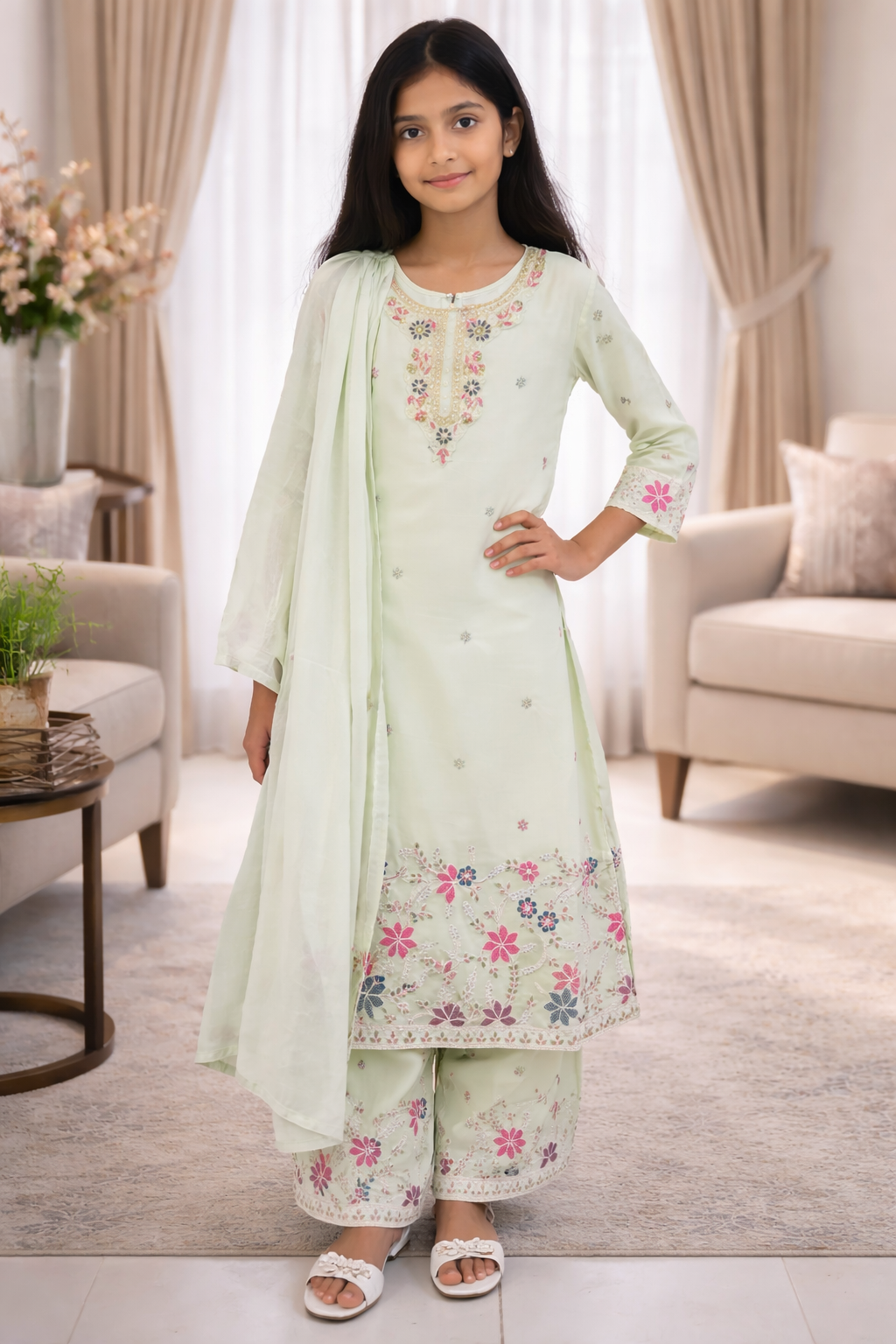 Elegant Embroidered Kurta & Palazzo Set for Girls