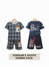 Boys Combo Outfit Set – Graphic Tee & Denim Shorts + Checked Co-Ord Set (2-in-1 Pack) - Set 3