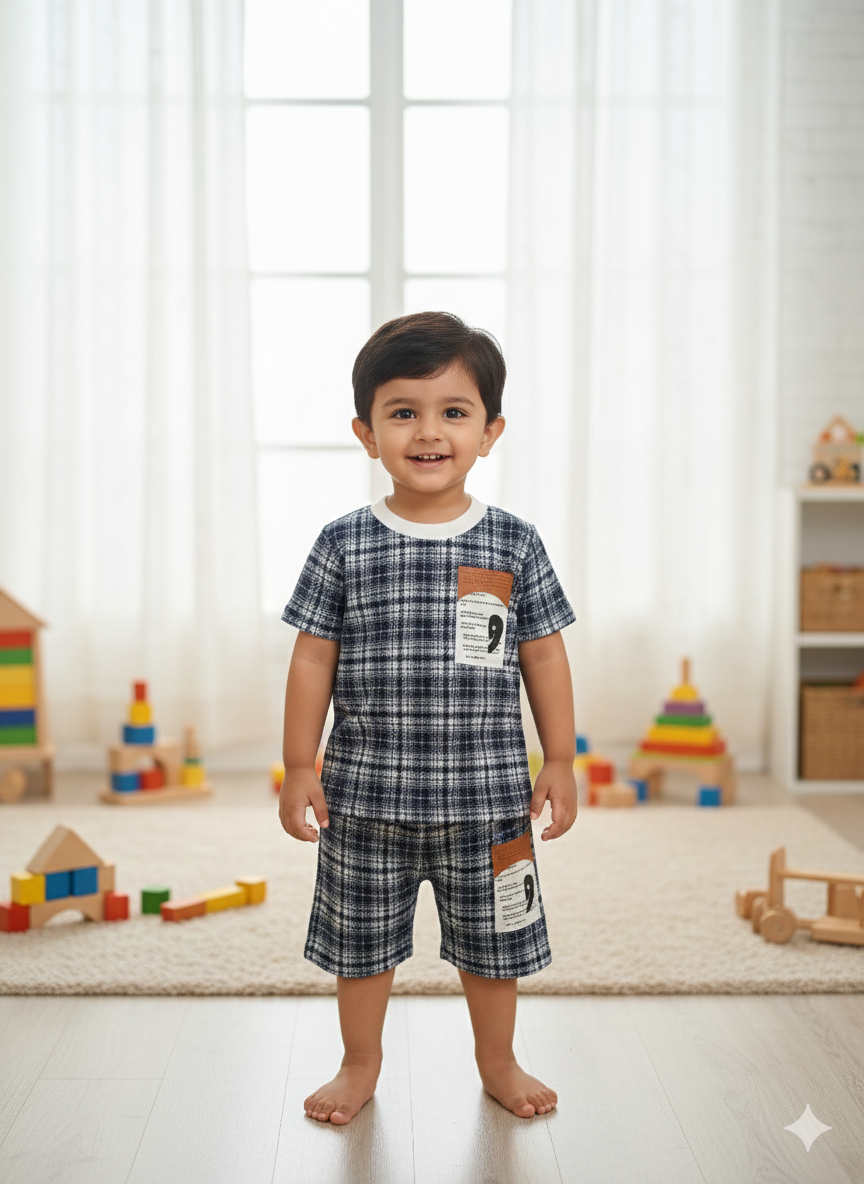 Boys Combo Outfit Set – Graphic Tee & Denim Shorts + Checked Co-Ord Set (2-in-1 Pack) - Set 3