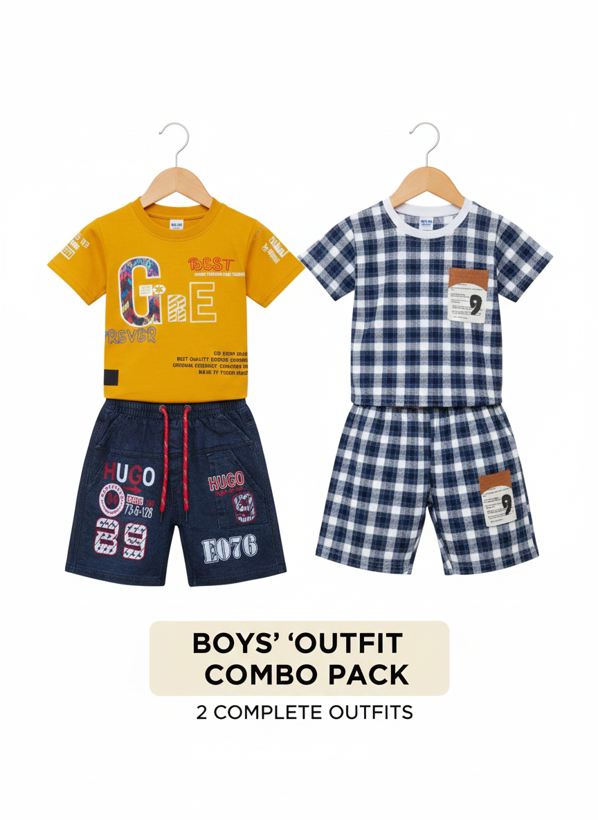 Boys Combo Outfit Set – Graphic Tee & Denim Shorts + Checked Co-Ord Set (2-in-1 Pack) - Set 2