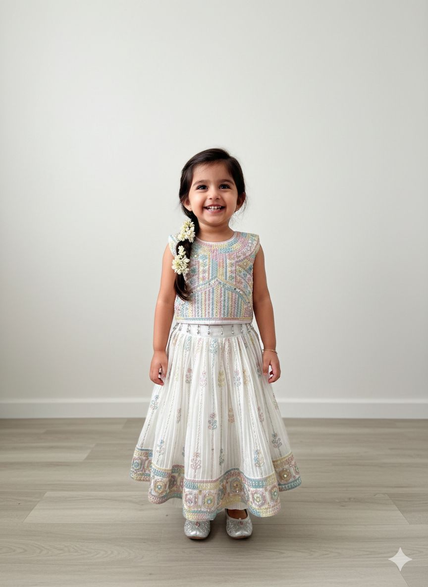 Pastel Embellished Kids Lehenga Set (White)