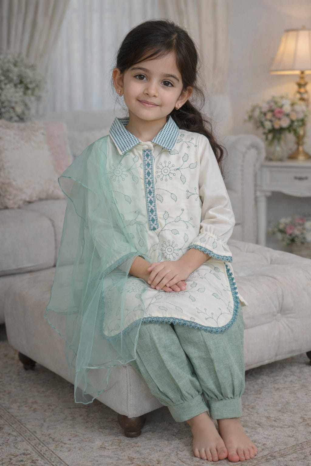 Noor Pastel Mint Printed Eid Suit for Girls