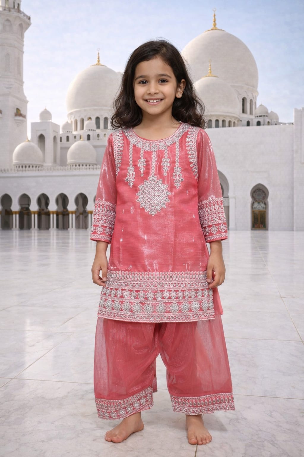 Rose Pink Embroidered Festive Kurta Set for Girls