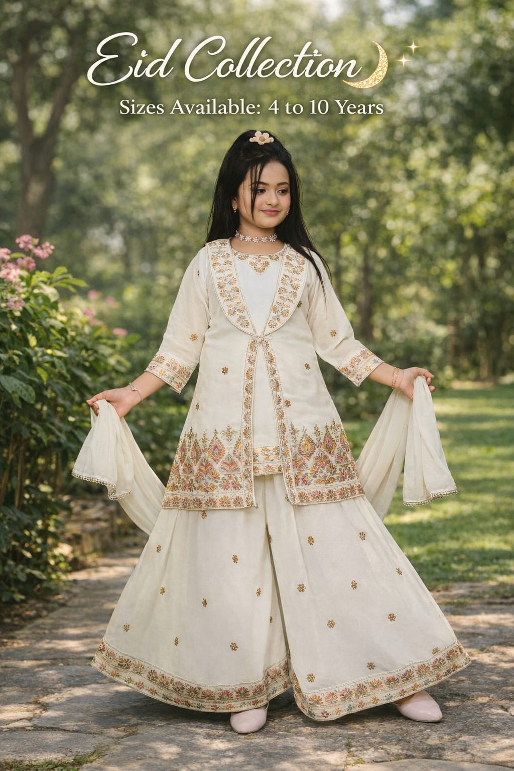 Inaabia Noor Garden Eid Ensemble – Ivory Embroidered Jacket Set