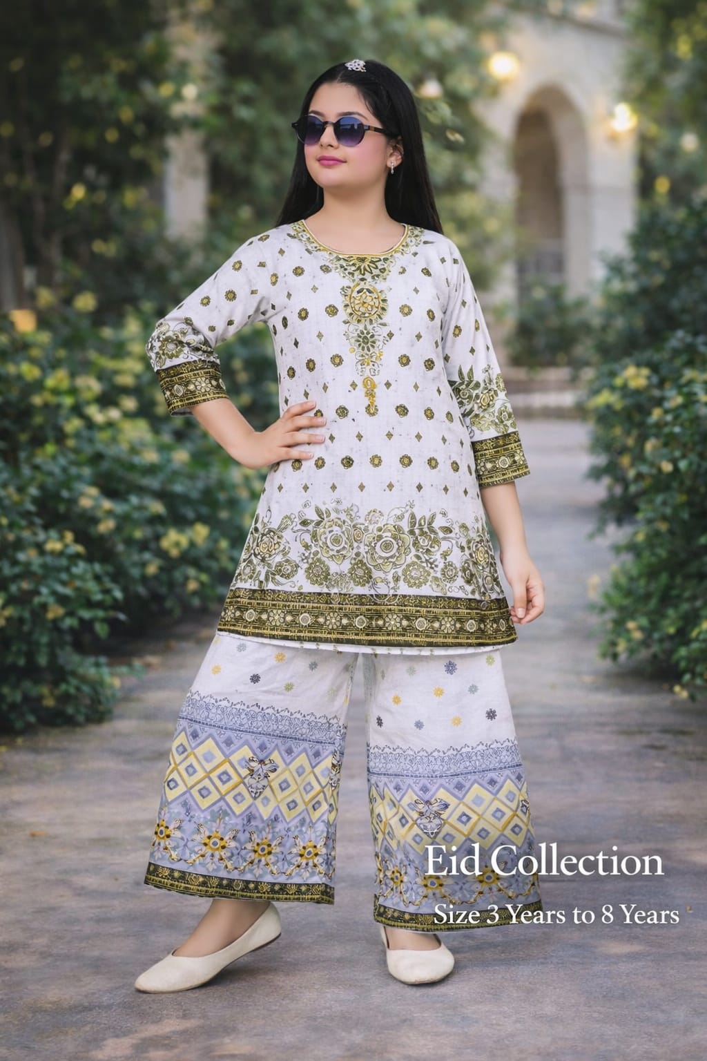 Inaabia Royal Meadow Eid Set – Ivory & Olive Festive Suit (3–8 Years)