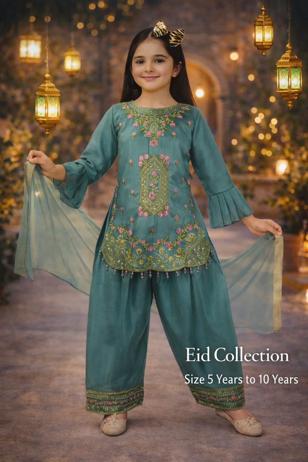 Inaabia Emerald Blossom Eid Set – Teal Embroidered Festive Suit