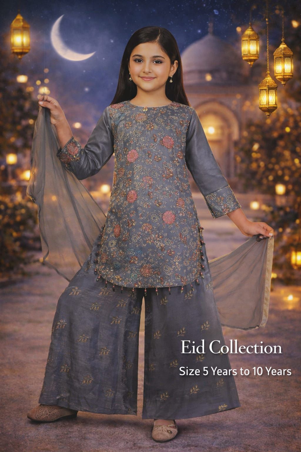 Inaabia Moonlit Grace Eid Set – Charcoal Floral Festive Suit