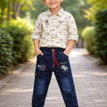 Boys adventure print shirt and navy denim jogger set
