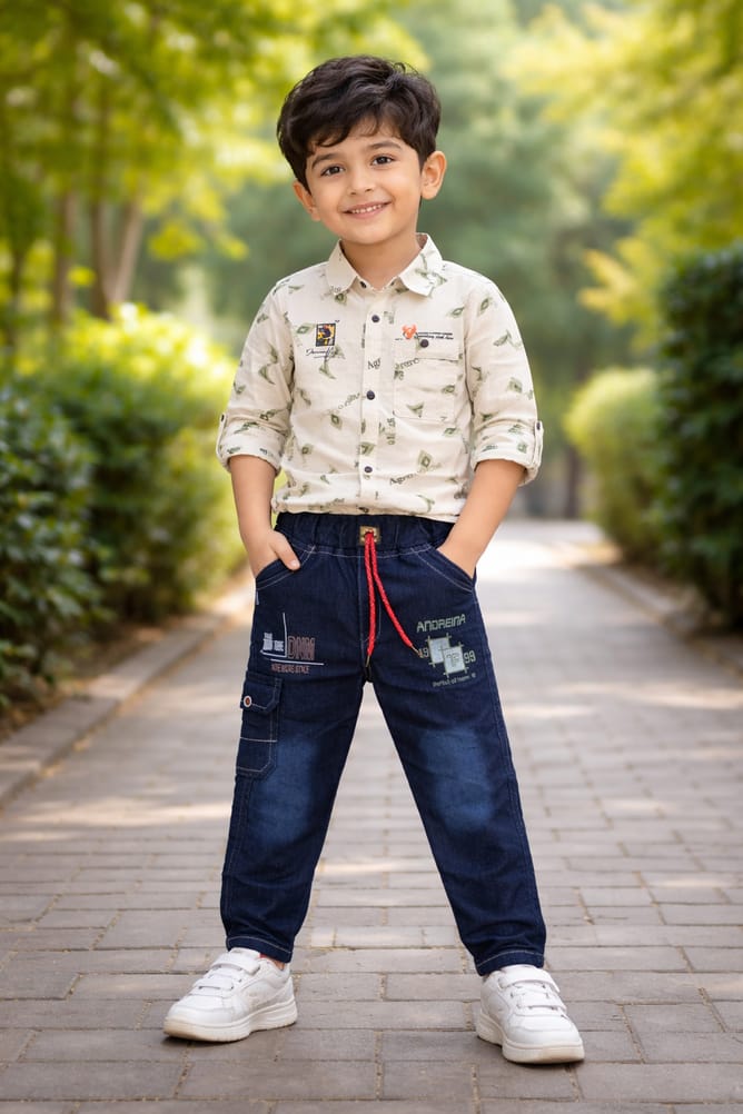 Boys adventure print shirt and navy denim jogger set