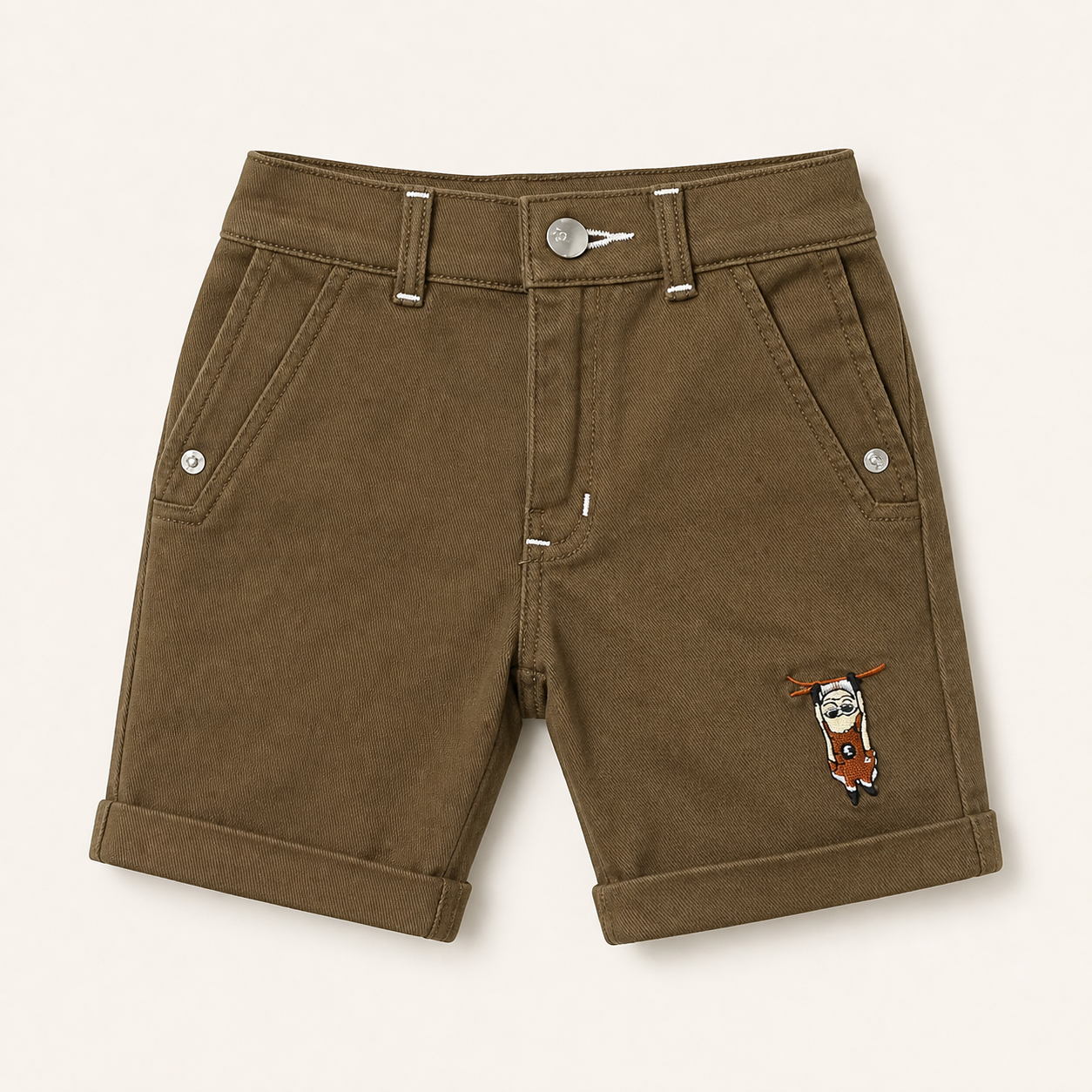 Boys brown above-knee embroidered shorts front view