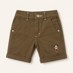 Boys brown above-knee embroidered shorts front view