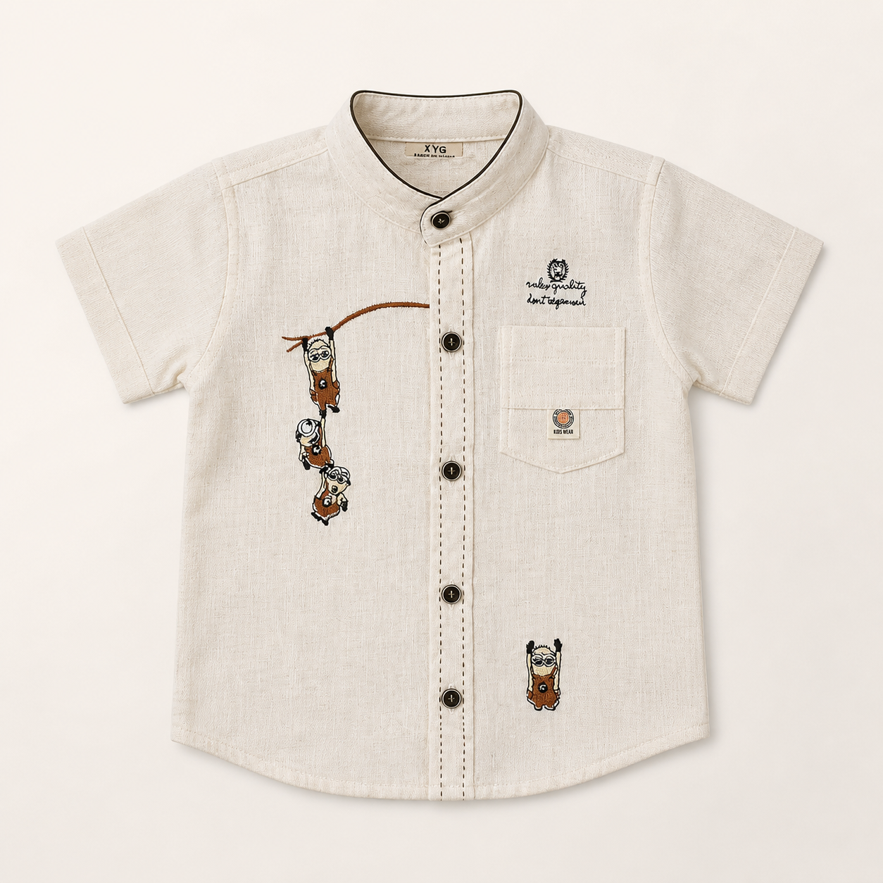 Boys cream short-sleeve embroidered mandarin-collar shirt front view