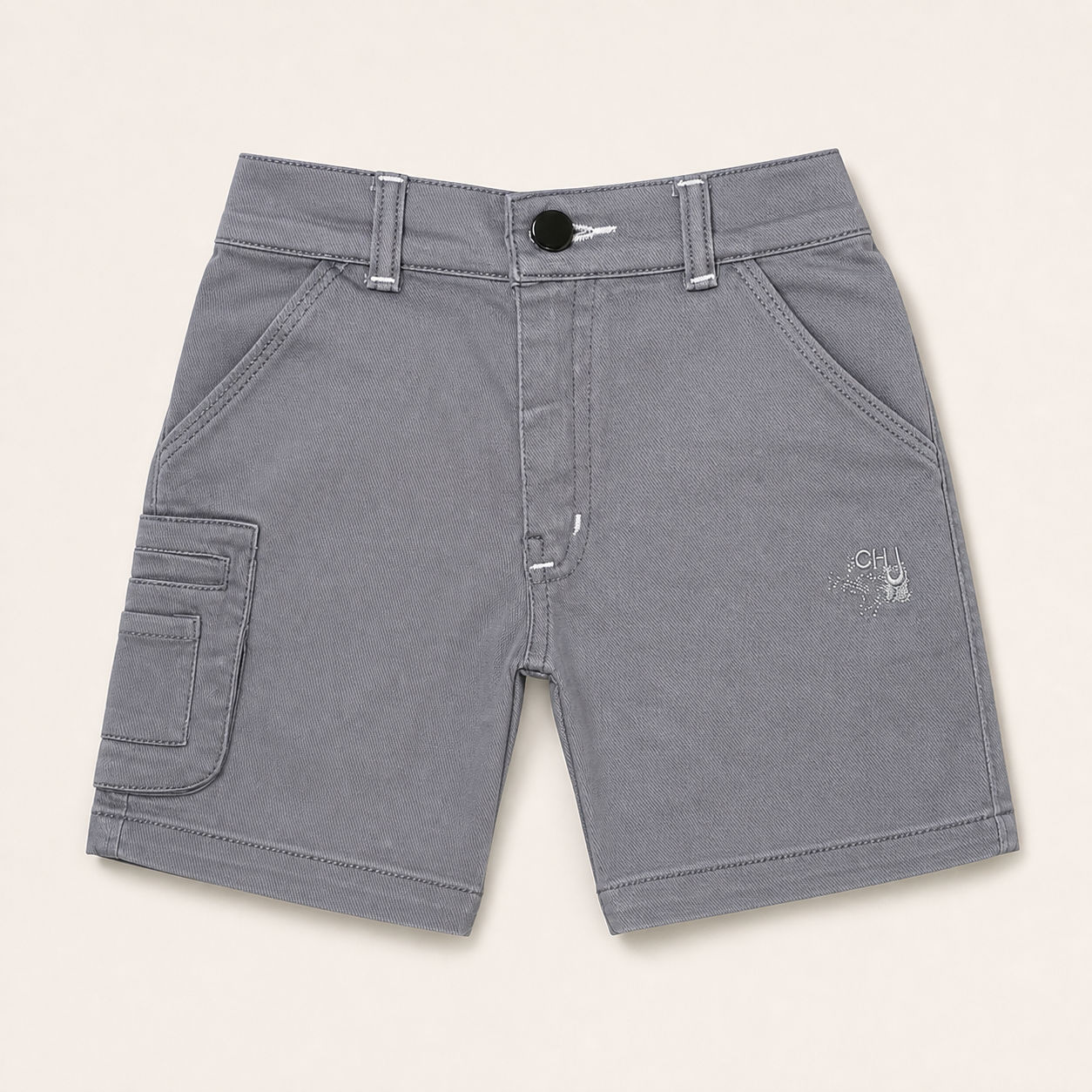 Boys grey above-knee cargo shorts front view