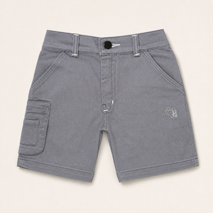 Boys grey above-knee cargo shorts front view