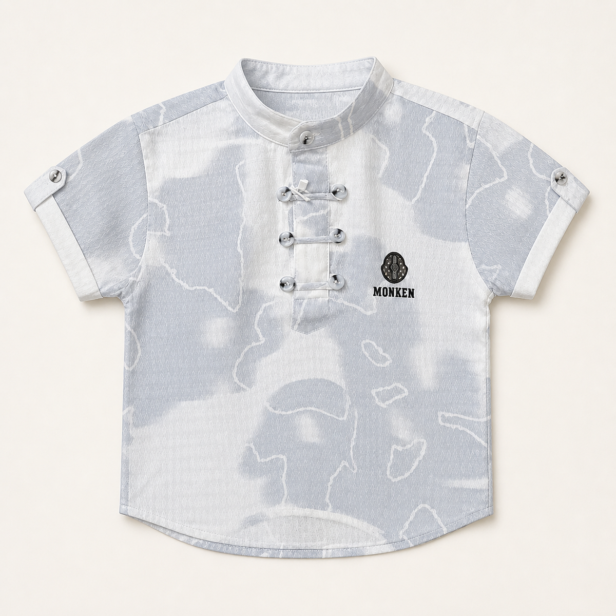 Boys grey and white abstract-pattern mandarin-collar shirt front view