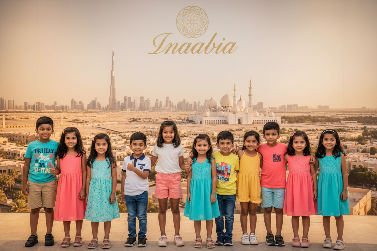 change it to Indian, Pakistani, bangaladashi, srilankan, philipino kids in casual dress with Inaadbia logo in back , with UAE theme image