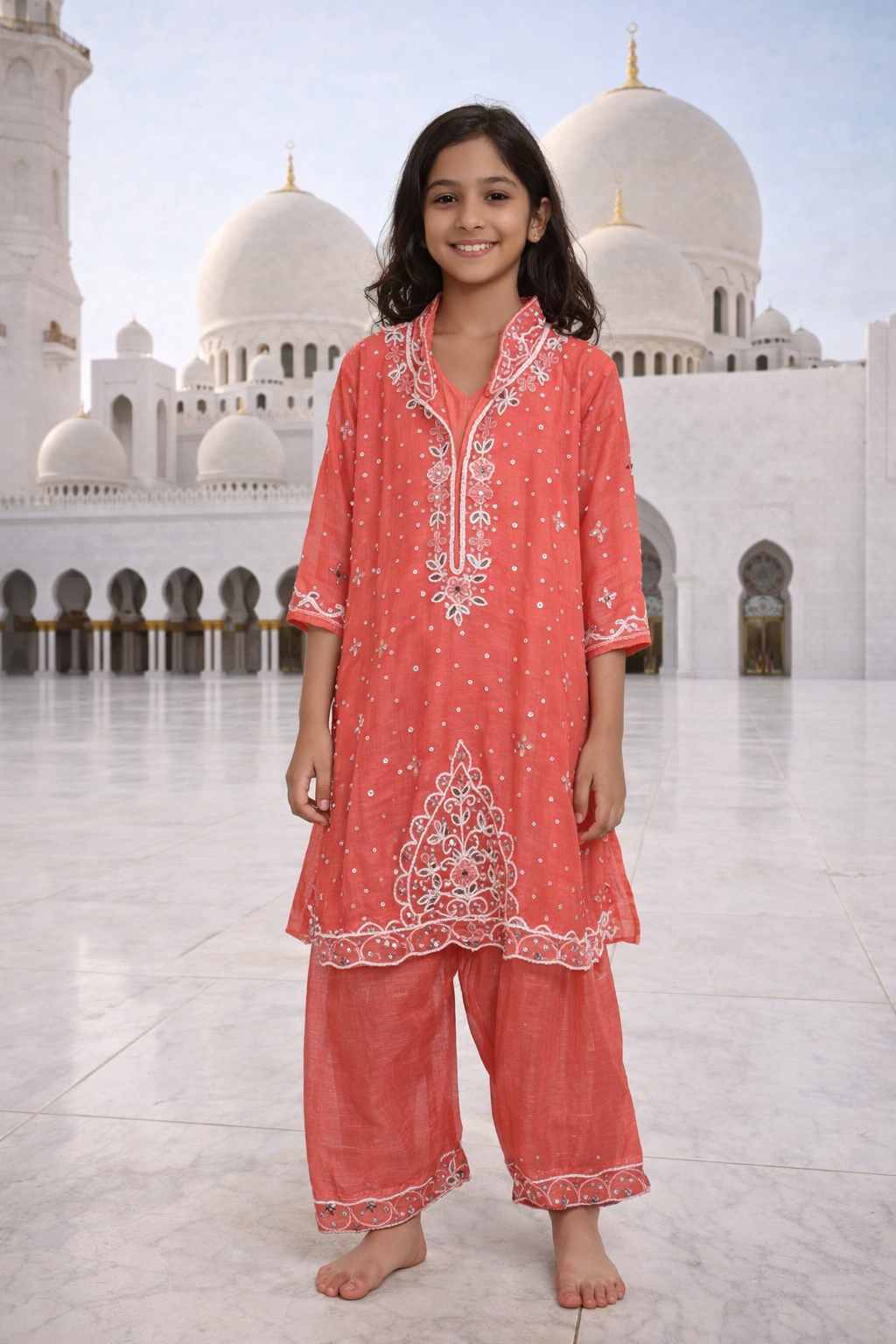 Coral Red Embroidered Festive Kurta Set for Girls