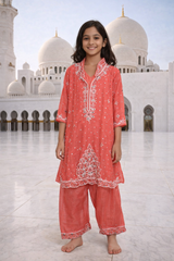 Coral Red Embroidered Festive Kurta Set for Girls