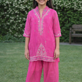 Fuchsia Pink Embroidered Festive Kurta Set for Girls