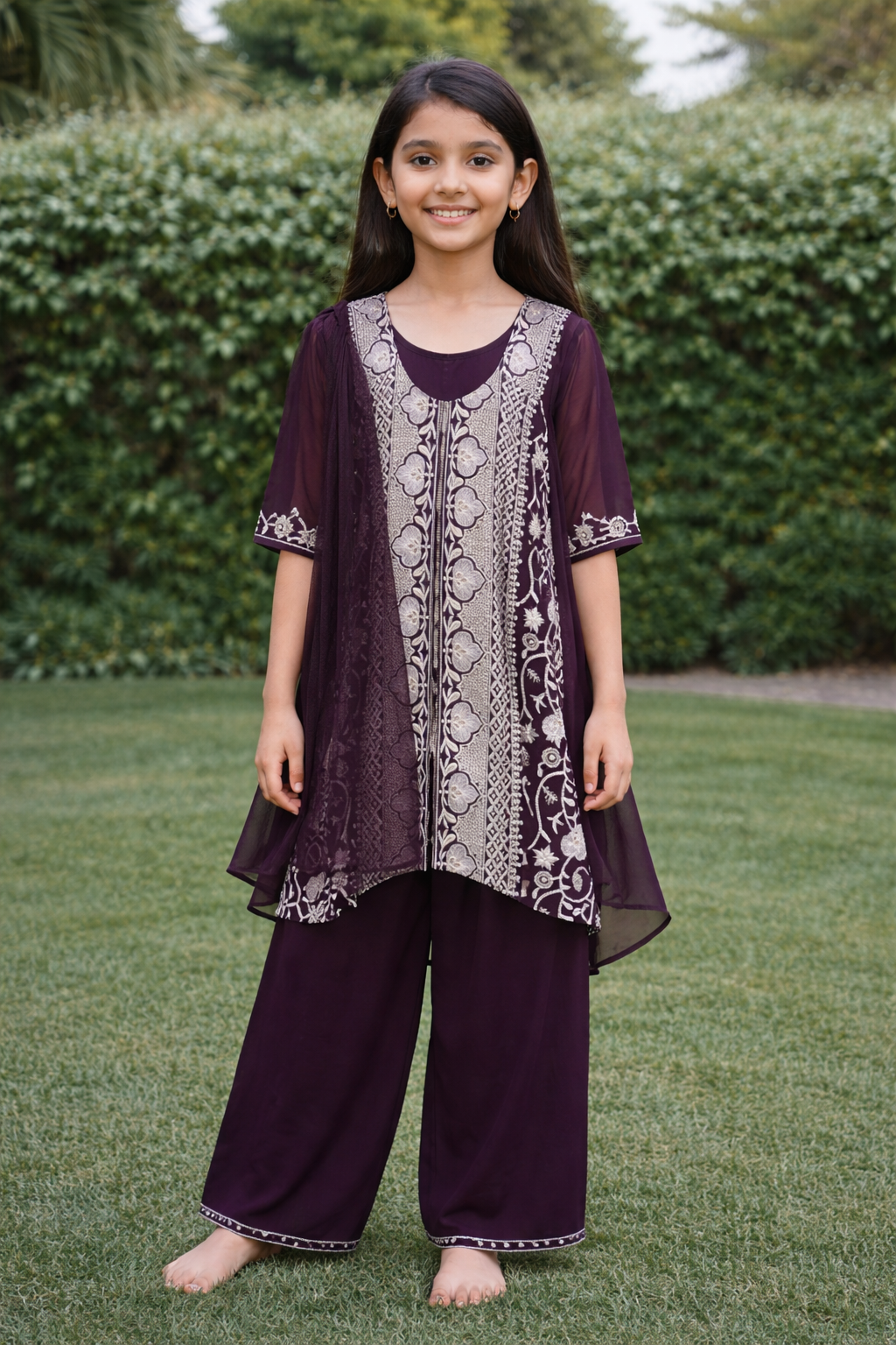 Royal Plum Embroidered Sharara Set for Girls