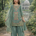Inaabia Olive Blossom Eid Set – Sage Green Floral Embroidered Suit